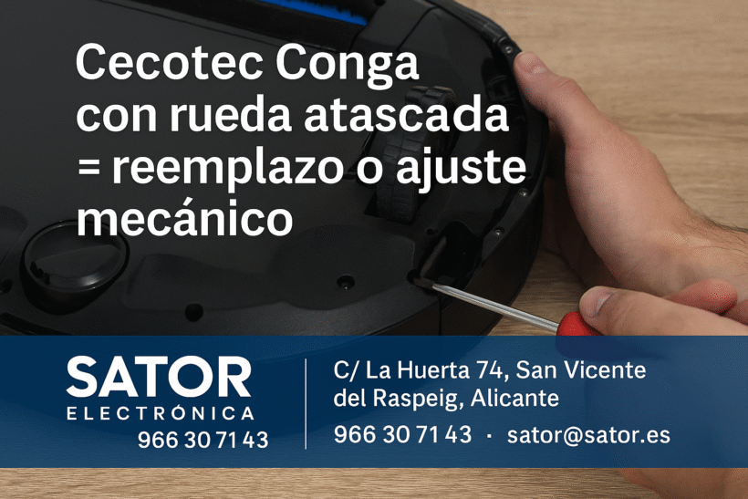 Cecotec Conga con rueda atascada = reemplazo o ajuste mecánico.