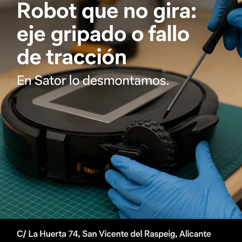 Robot que no gira eje gripado o fallo de tracción. En Sator lo desmontamos.