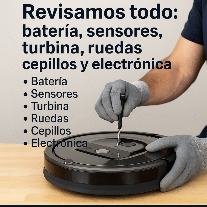 Revisamos todo batería, sensores, turbina, ruedas, cepillos y electrónica.