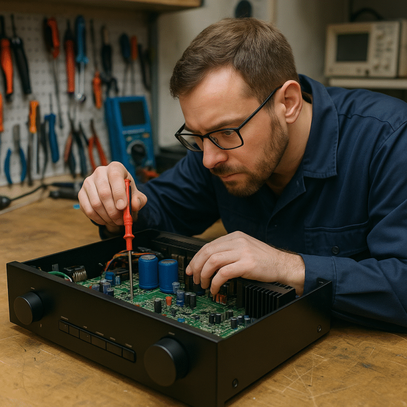 Técnico reparando amplificador hi-fi con soldador y multímetro en el taller
